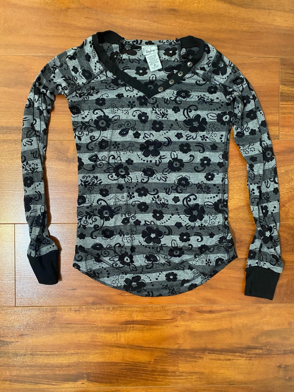 Daytrip Gray & Black Floral Stripe Long Sleeve Henley